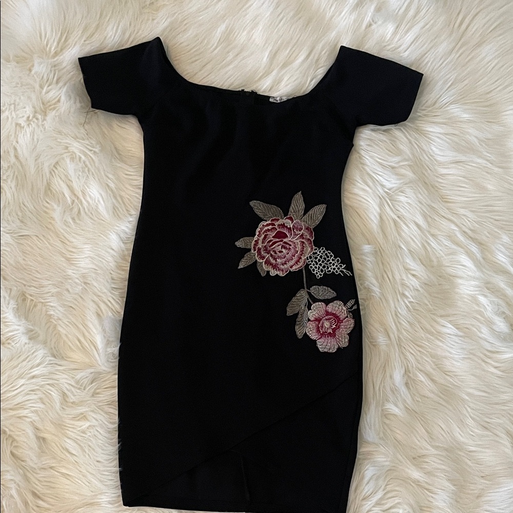 Black Floral Embroidered Off-Shoulder Sheath Dress